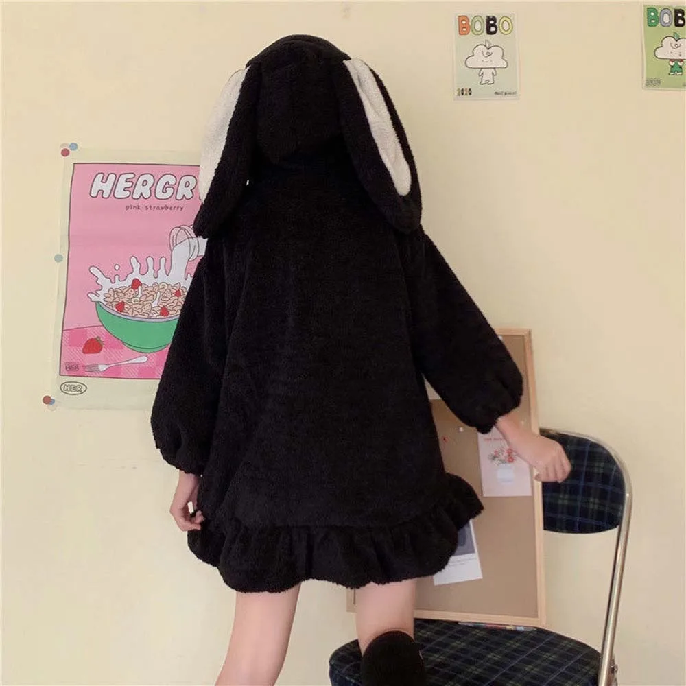 Sudaderas con capucha informales de felpa con Orejas de conejo para mujer, pijamas de dibujos animados, sudaderas Kawaii para mujer, chaqueta, ropa de manga larga