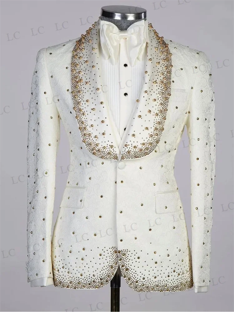 

2 Pieces Jacquard Blazer One Button Vest Beading Diamonds Pearls Wedding Groom Formal Slim Fit Prom Plus Size Costume Homme