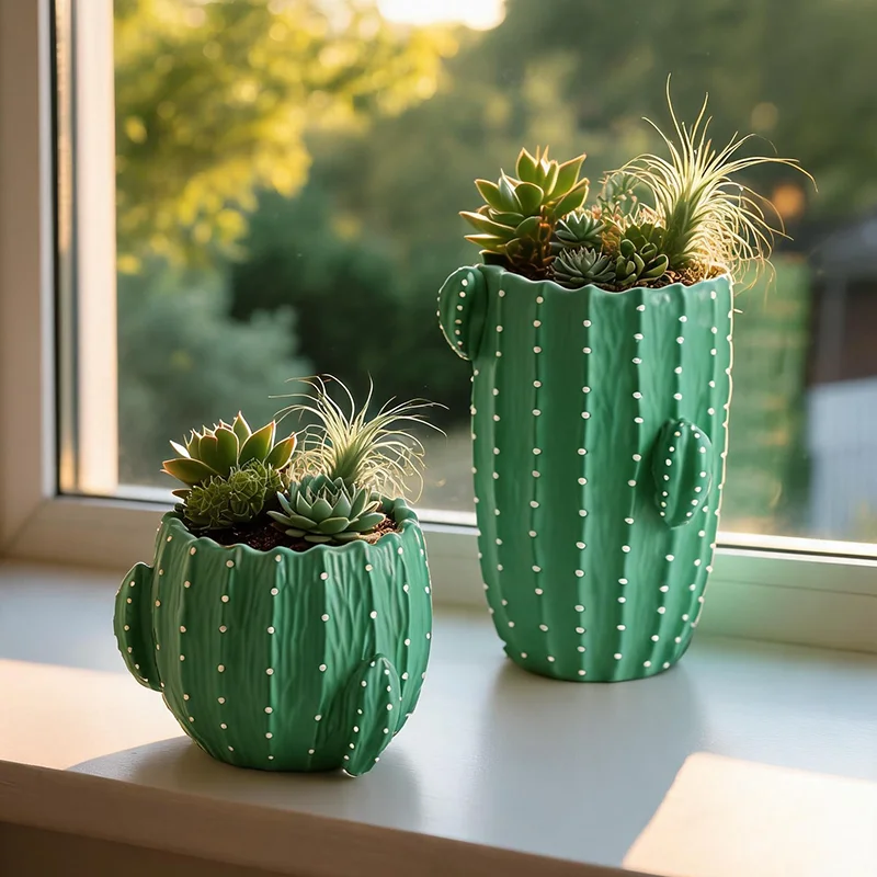 Cartoon 3D Cactus Resin Flower Pot Textured Succulent Planter Tray for Bedroom Desk Window Tabletop Green Plant Decor Accent