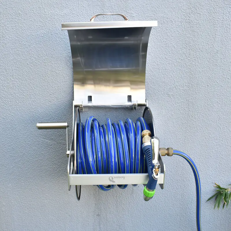 Stainless Steel Covered Hose Reel Wall-mounted Irrigation Household Portable Washing Car Watering Flowers Gun Pipe Rack Set