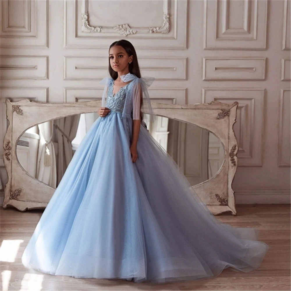 

Beloving Sky Blue Flower Girls Dresses For Wedding Lace Long First Communion Dresses Princess Prom Party Gown Pageant Dresses