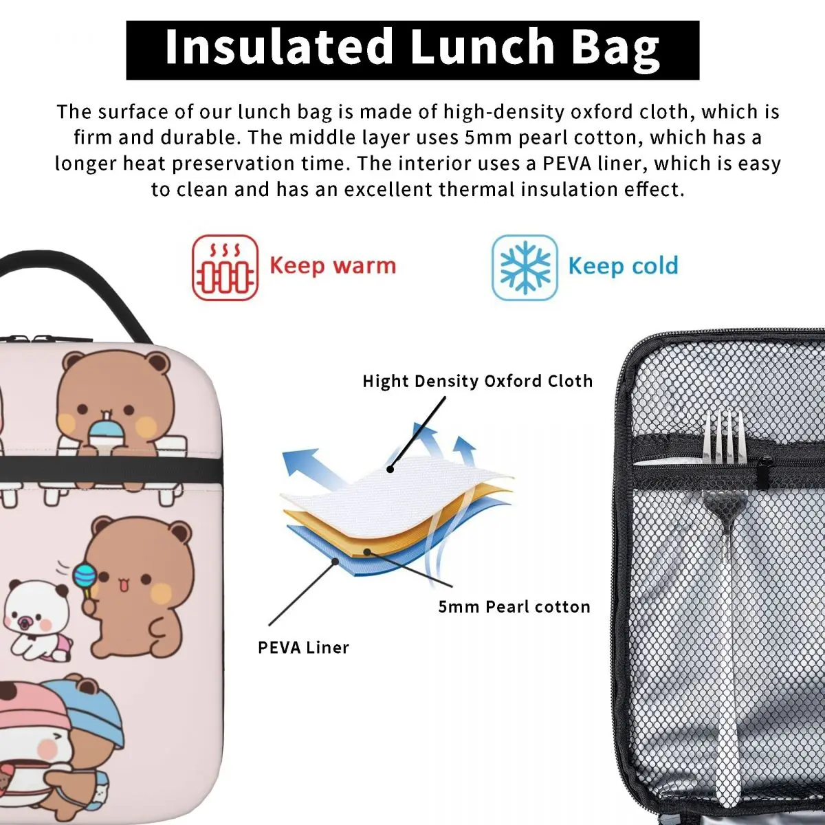 Kawaii Isolado Térmico Lunch Bag, Bonito Urso e Panda Dos Desenhos Animados, Caixa Recipiente de Alimento Reutilizável, Trabalho, Bubu Dua