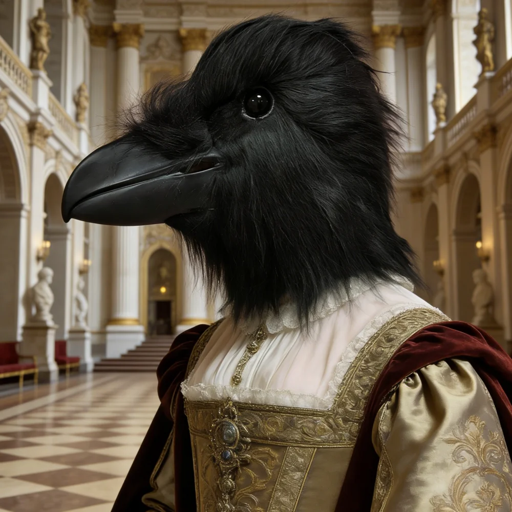Einzigartige zottelige Federmaske in Form eines Raben, kreatives schwarzes Tierkostüm-Zubehör für Halloween-Party, Cosplay, Themenveranstaltung.