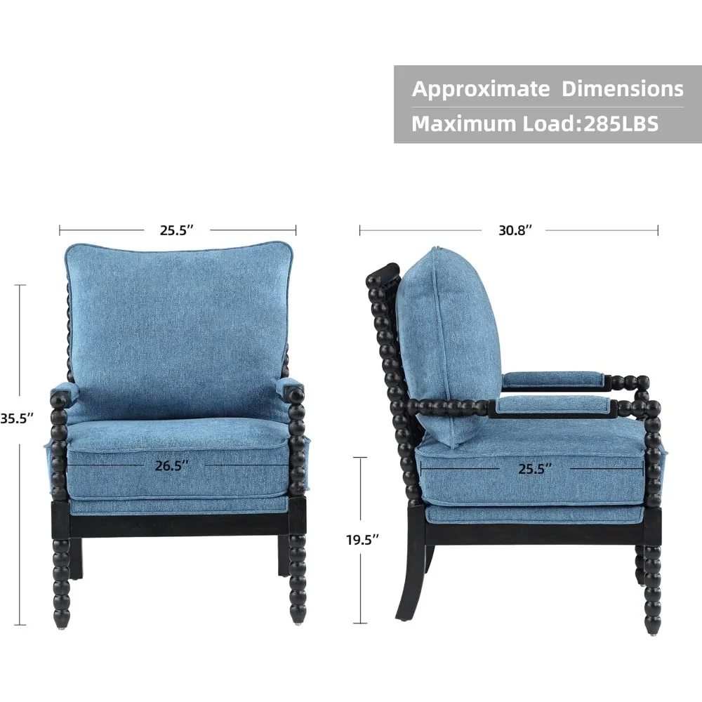 Linen Spindle Upholstered Chair, Modern Upholstered Spool Chair with Upholstered Spring Seat and Brushed Blue Base