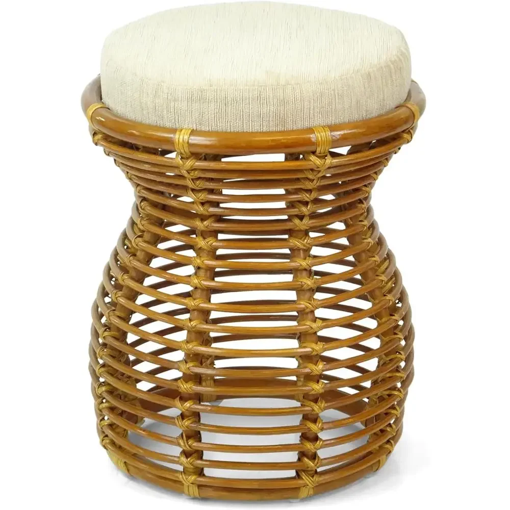 Handcrafted Natural Rattan Wicker Ottoman, Assembled for Bedroom, Colonial-Style Vanity Stool