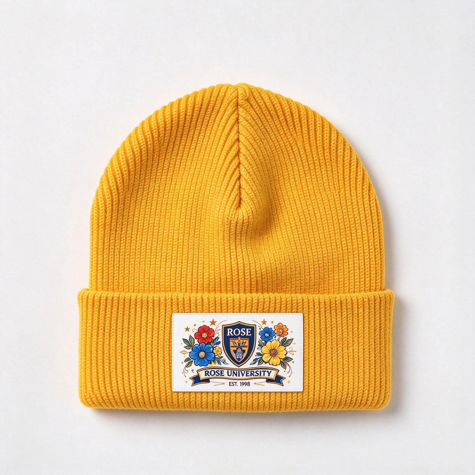 Custom Name Rose University Floral Crest Beanie Hat, Unisex Cuffed Knitted Skull Cap, EST.1998 Vintage Floral Emblem Winter Warm