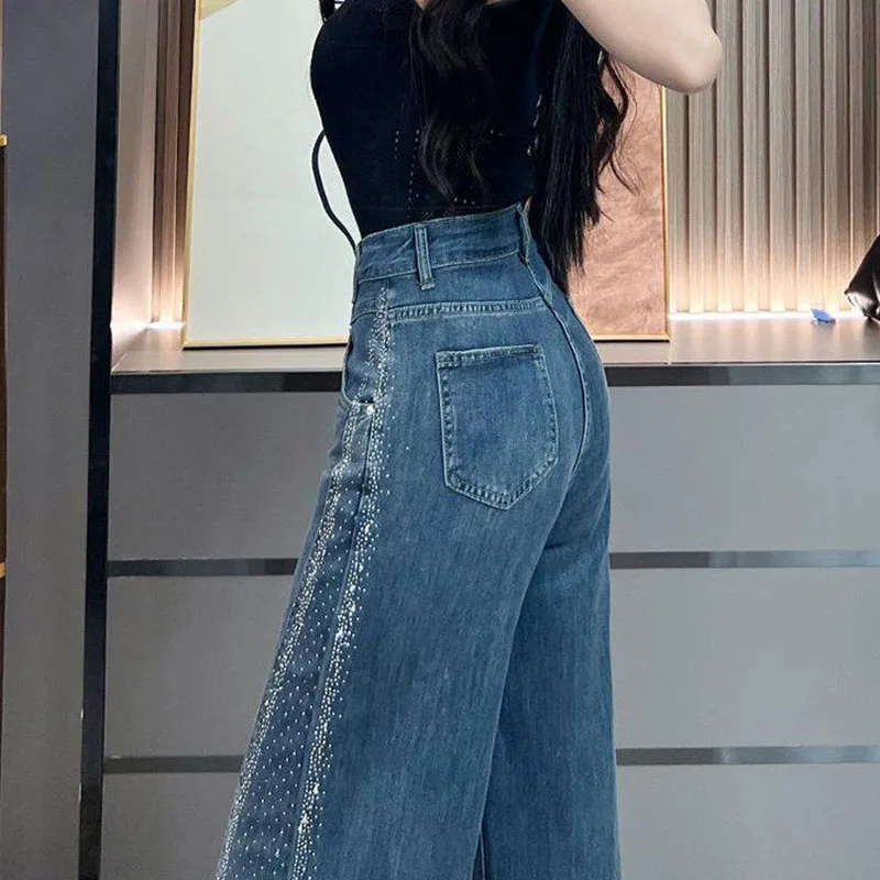 Women's High Waist Wide Leg Jeans Vintage Washed Rhinestone Side Seam Flared Denim Pants Party Streetwear Y2K washed pants Lady
