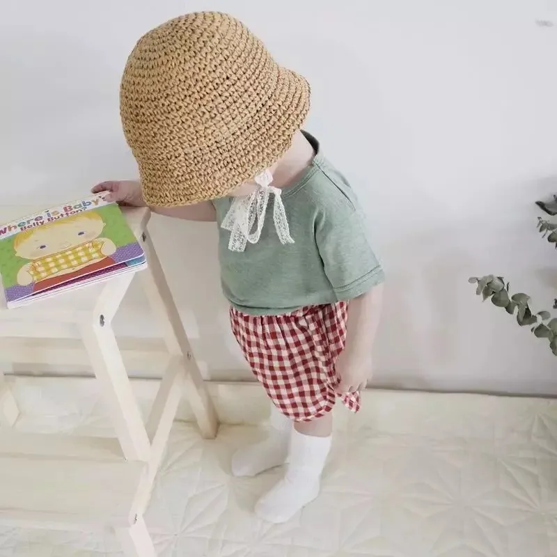 Summer Korean Baby Boy Girl Straw Hats Lace Strap Crochet Children Handmade Foldable Sun Cap Lace Beach Sun Outdoor Hat view 2
