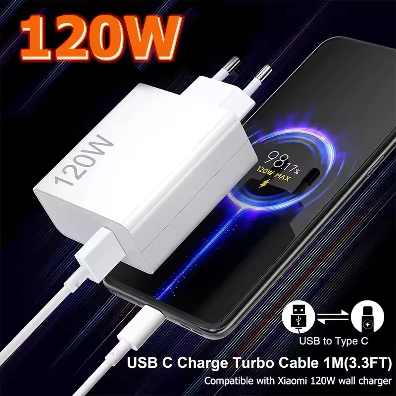 

Оригинальное зарядное устройство Xiaomi 100% 120W Turbo Fast Charger 6A с кабелем USB Type-C, совместимое с Xiaomi, Samsung, iPhone, с функцией экономии энергии.