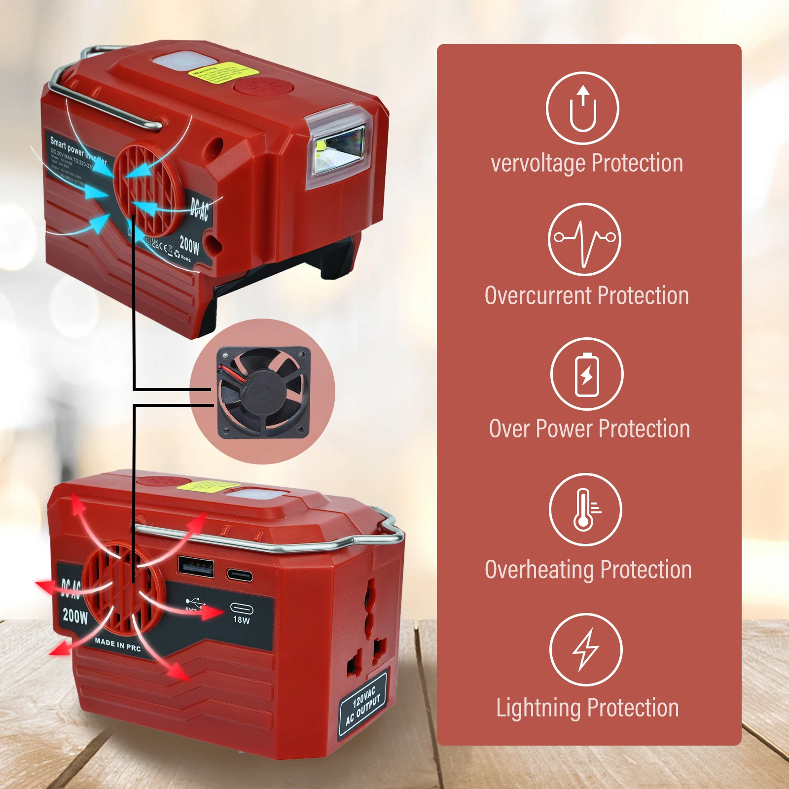 Inversor de energia para bateria Milwaukee, adaptador de energia senoidal modificado, luz de trabalho LED, porta USB tipo C, CA 120V, 220V, 200W