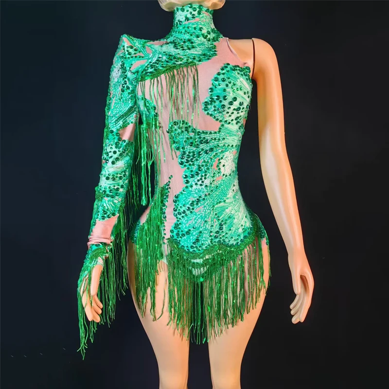 Viele Farben One Sleeve Strass Fransen Body Frauen Pole Dance Kleidung Drag Queen Outfit Bar Bühne Gogo Kostüm XS10380