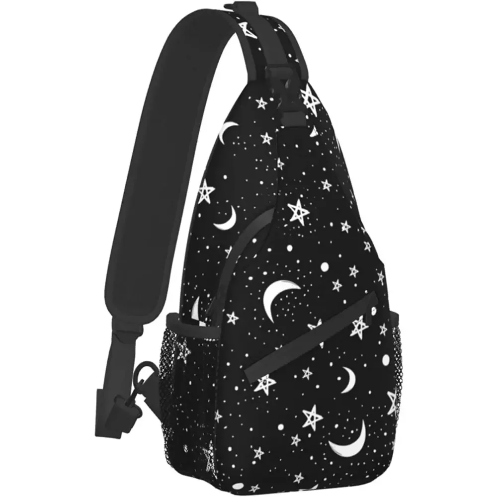 Black Moons White Stars Sling Backpack Unisex Chest Bags Crossbody Travel Hiking Daypack Shoulder Bag for Sport Climbing Runners