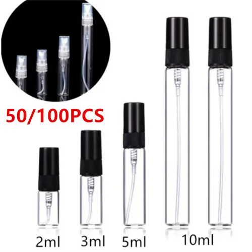 50/100 Uds 2ML 3ML 5ML 10ML botella rellenable vacía negra botella de Perfume de vidrio portátil botella de cosméticos muestra viales de vidrio fino