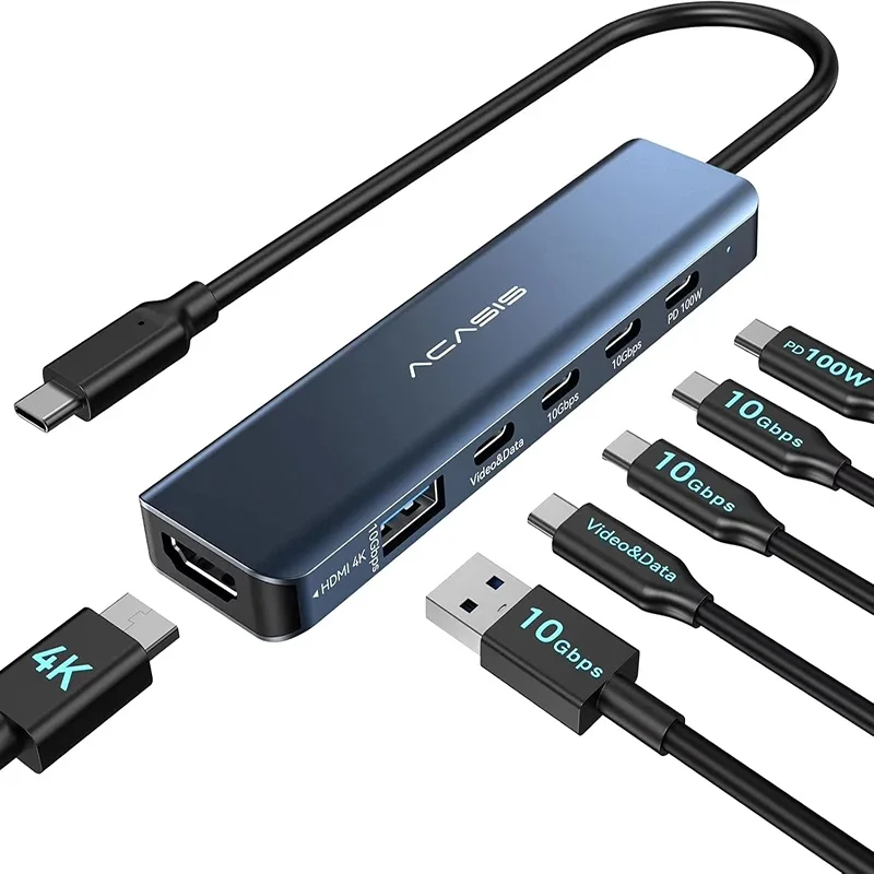 ACASIS USB C HUB 4K60Hz HDMI 6-in-1 PD 100W USB 3.1 10Gbps Multiport Adapter Splitter voor Laptop Macbook Air Pro Samsung Dell HP