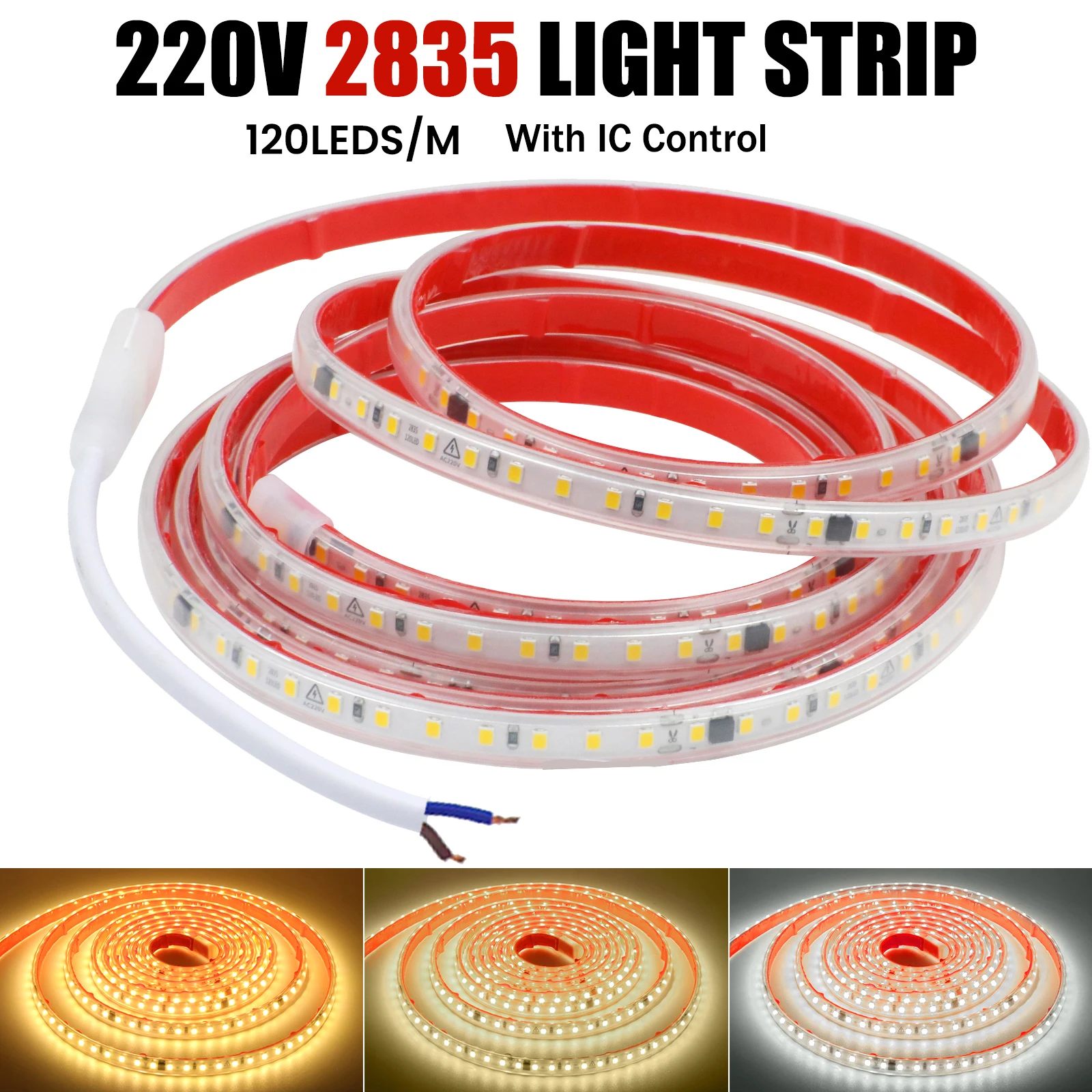 AC 220V 2835 LED Strip Light with IC 10cm Cuttable  Flexible LED Tape with Adhesive 120LEDs Super Bright Waterproof LED Ribbon