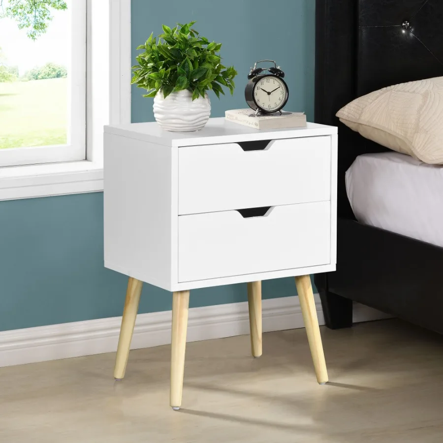 

Side Table with 2 Drawer and Rubber Wood Legs; MidCentury Modern Storage Cabinet for Bedroom Living Room Furniture; White