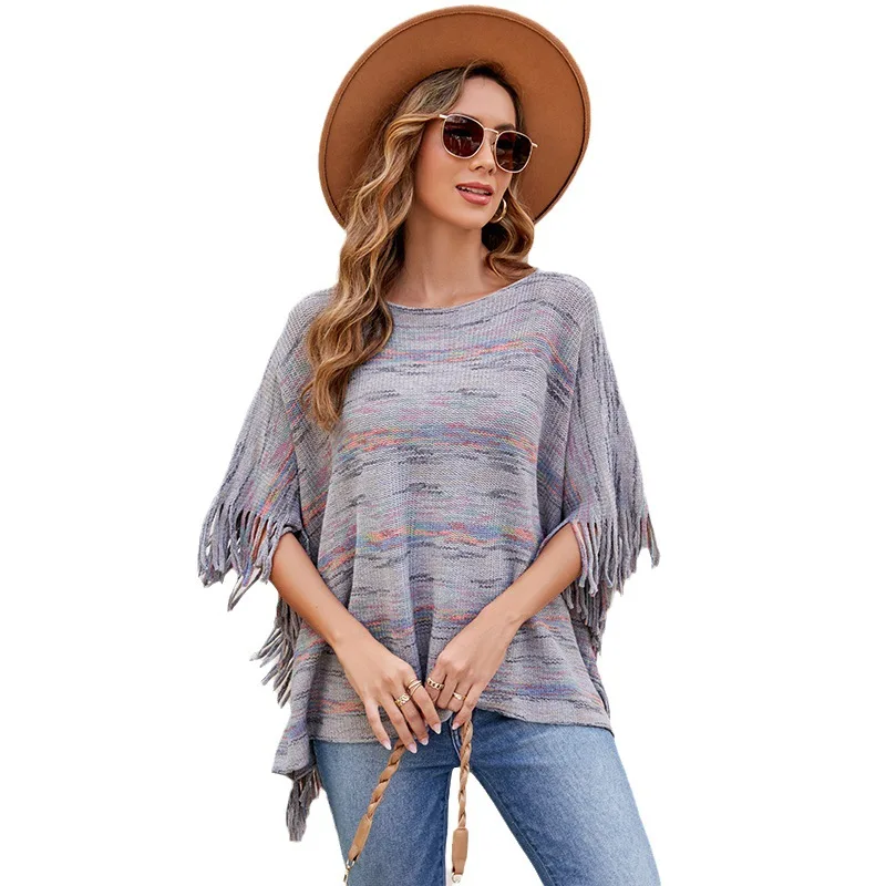 Foreign trade fringed cape shawl women's 2023 autumn and winter new models with striped knitted cape scarf