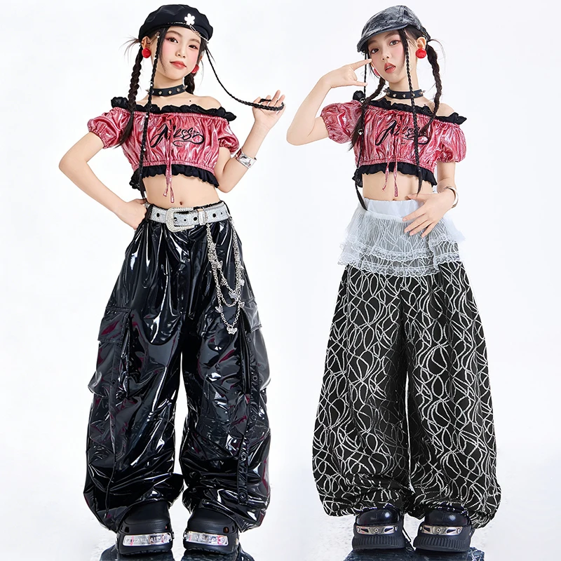 2026 Jazz Dance Costume For Girl Kpop Show Performance Clothes Red Crop Top Loose Trousers Kid Model Runway Stage Outfit AMY3665