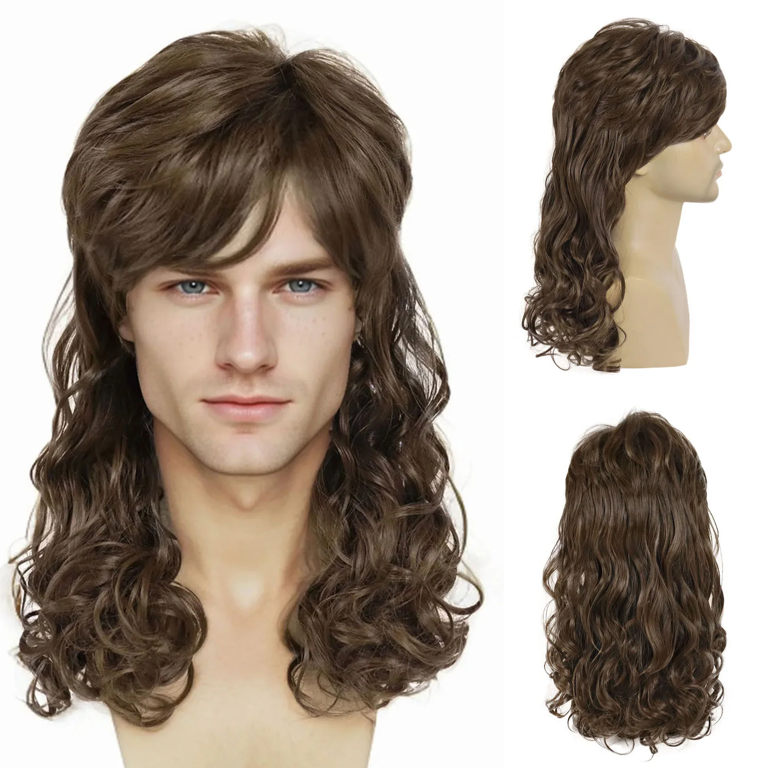 

Men's Wigs 70s 80s Synthetic Wig for Men Brown Wavy Curly Mullet Wig with Bangs Halloween Costume Theme Party Wig Heat Resistant