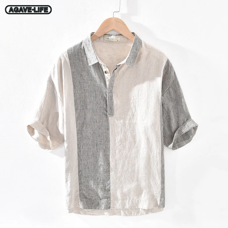 

Men's Spliced Striped Yarn-dyed Linen Three-quarter Sleeve Shirt Youth Men Retro Fashion Pullover Square Neck Breathable Shirt