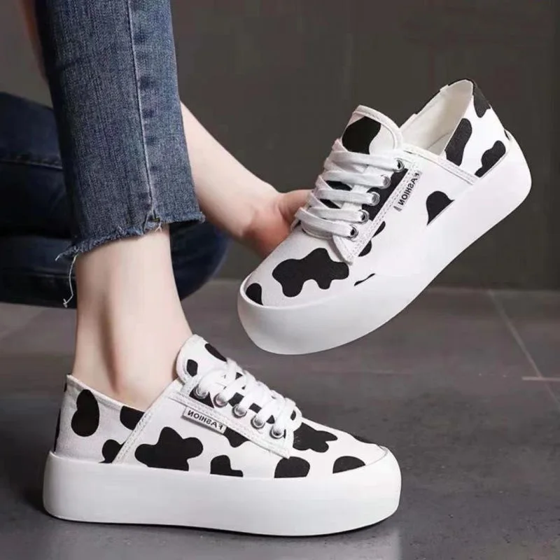 canvas platform shoes women korean leopard sneakers thick sole lace up Slip on casual shoes woman walking loafers espadrilles ﻿