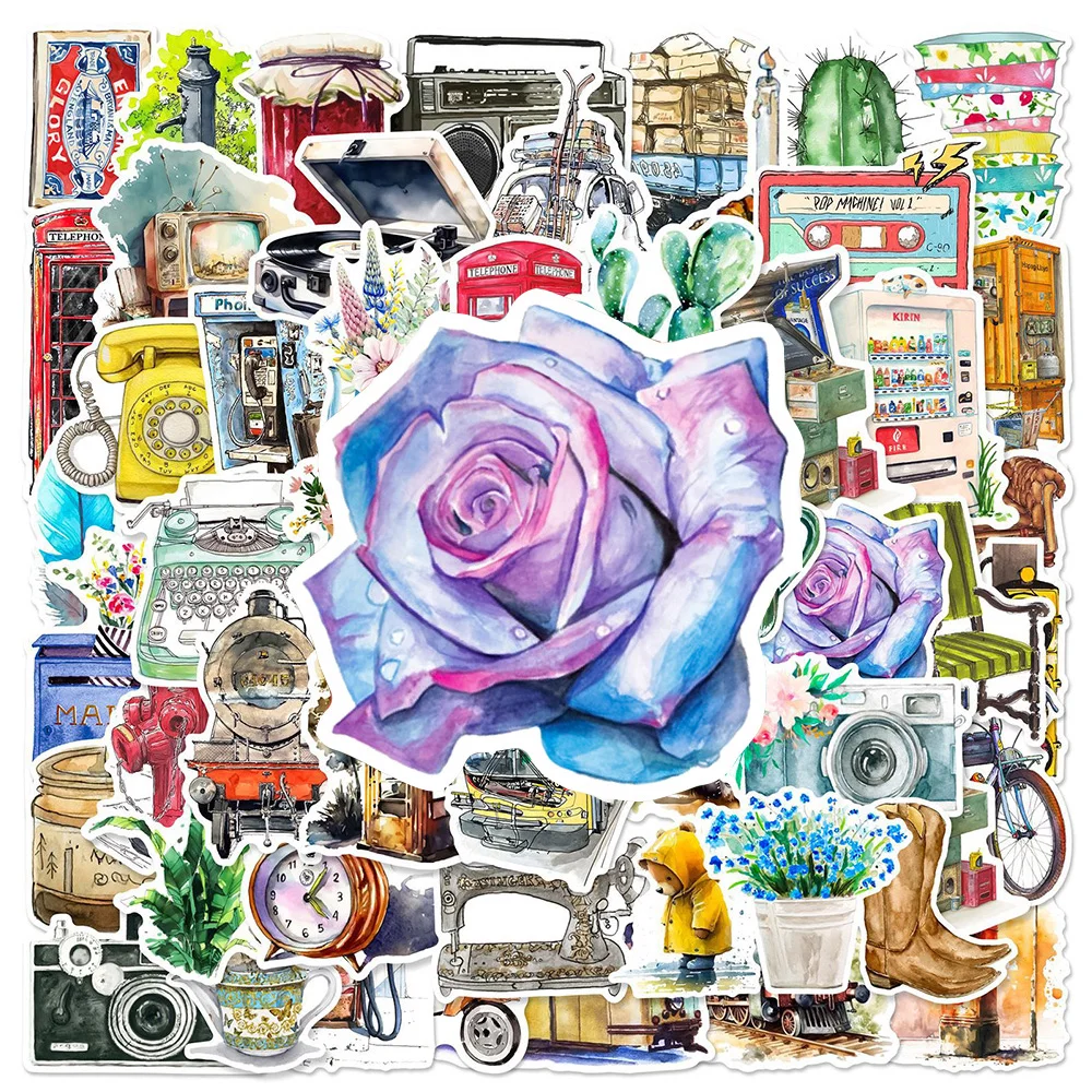 10/30/50pcs Watercolor Retro Object Stickers Cute Cartoon Waterproof Sticker DIY Luggage Phone Notebook Vintage Graffiti Sticker