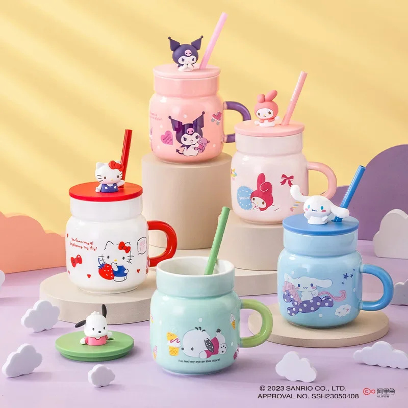 

Sanrio Kawaii Hello Kitty Girl Ceramic Mug My Melody Kuromi Anime Cartoon Exquisite Household Silicone Straw Water Cup with Lid