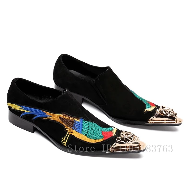 Brand Design Embroider Birds Suede Leather Shoes Men Slip On Soft Loafers Formal Wedding and Party Dress Shoes