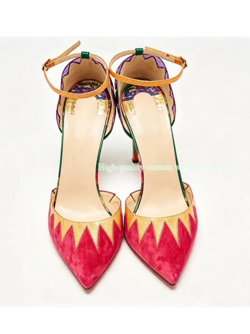 Transparent material and Rainbow colors Velvet  Pointed high heels sandals gold Star applique ankle Buckle stilettos Dinner 2026
