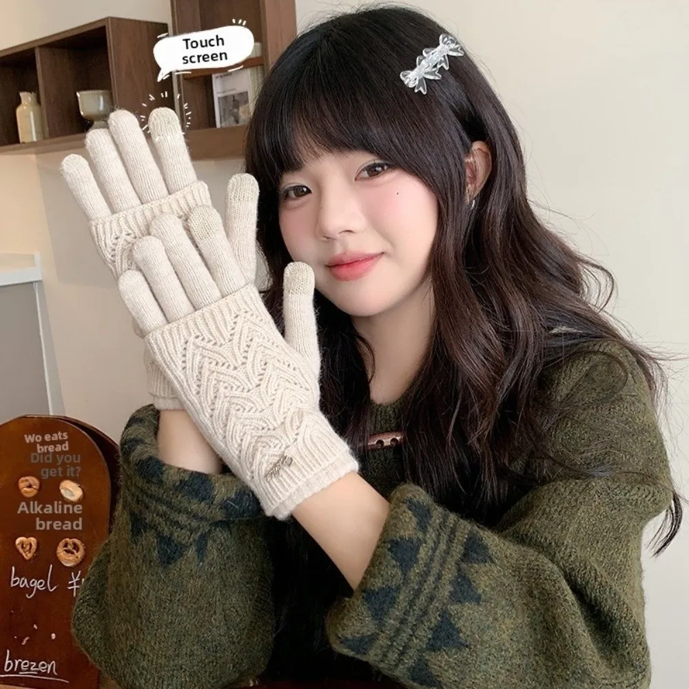 Cute Dual-purpose Knitted Gloves Solid Color Keep Warm Five-finger Mittens Touch Screen Cold-proof Cycling Gloves Girls