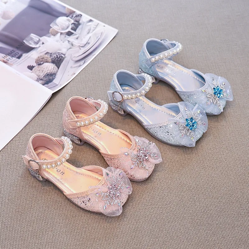 Girls Crystal Half Sandals Children Toes Capped Princess Sandals with Lace Bow-knot Kids Wedding Party Dress Shoes 2026 New