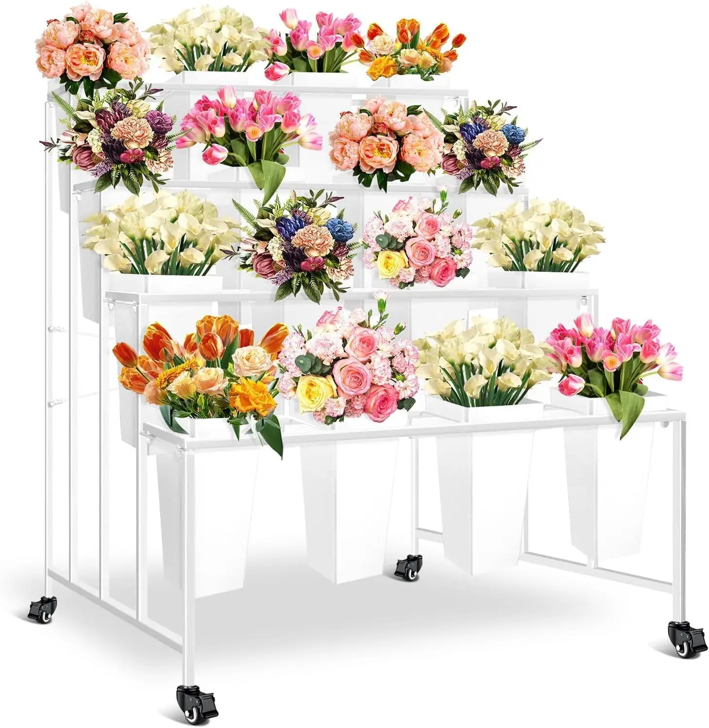 Flower Display Stand with Buckets, 3 Layers 12PCS Buckets Metal Flower Cart Display Stand with Wheels, for Patio