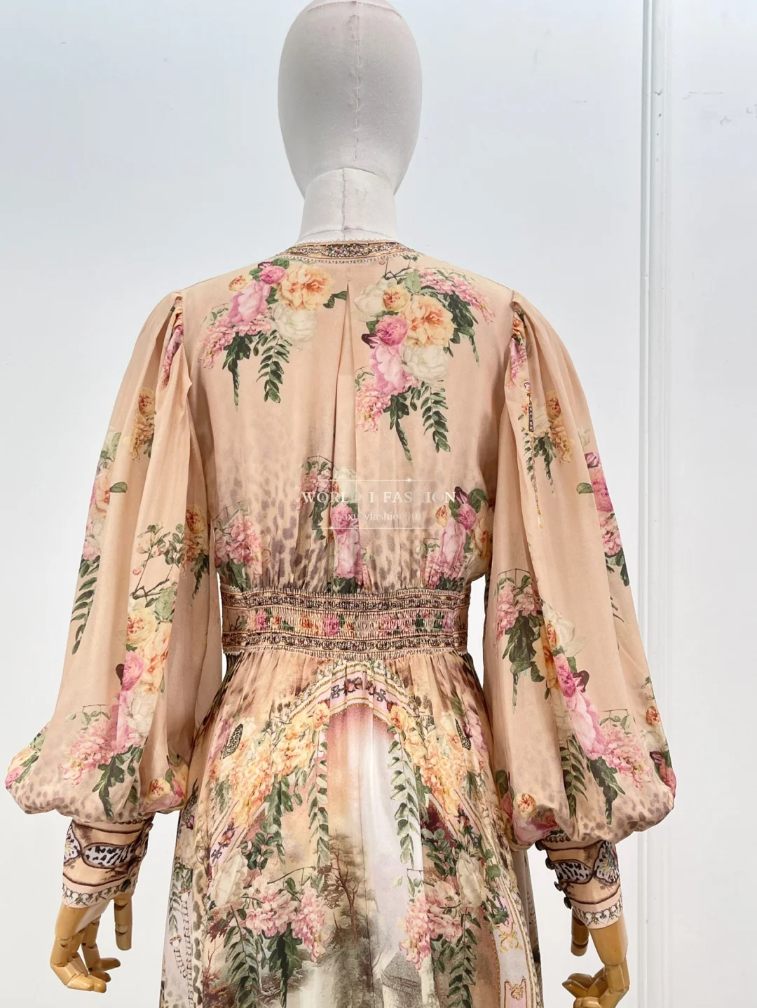 

High Quality Pink Flowers Print Long Sleeve V Neck Diamonds Maxi Dress