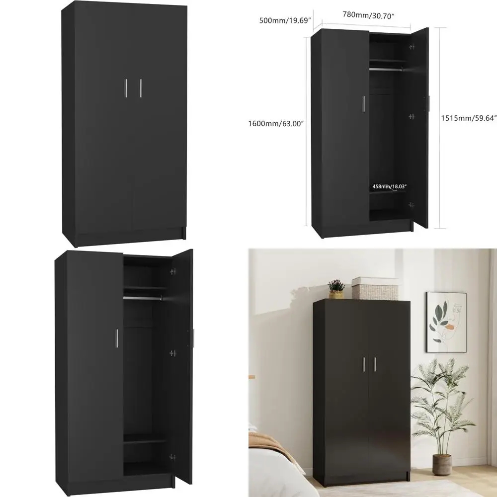 خزانة خزانة ملابس خشبية ببابين من Panana مع حاجز تعليق ورفين، خزانة غرفة النوم للتخزين (أسود)