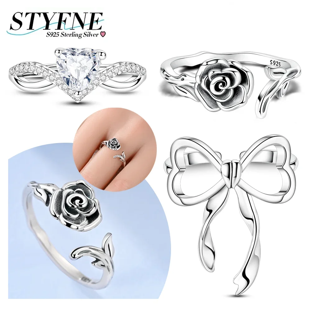 

Ring 925 Silver Romantic Lovely Bow Rose Crown Shiny Zircon Opening Ring Exquisite Jewelry Ring for Party Dating Lovers Gifts