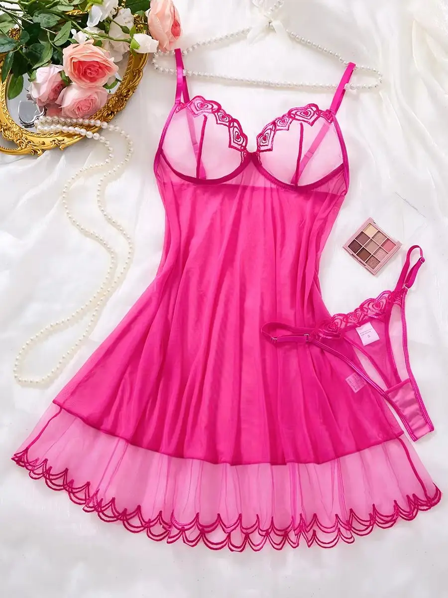 Damen Babydoll-Nachthemd aus transparentem Mesh in Pink mit floraler Spitzenstickerei, Lingerie-Set mit passendem Slip ZA825181