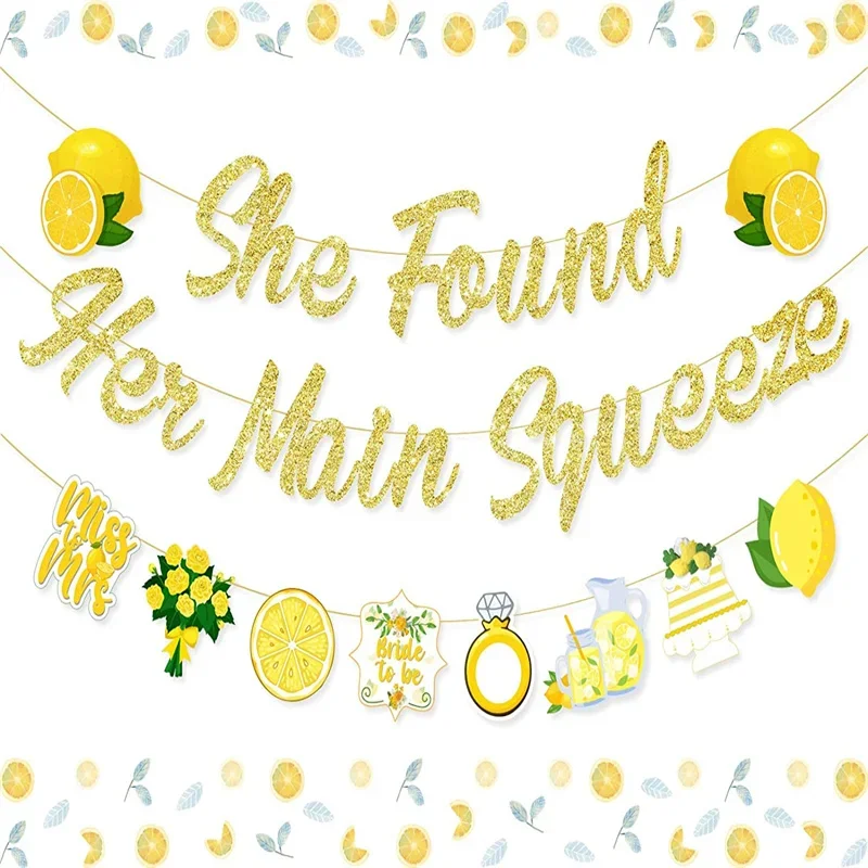 

Lemonade bridal shower decoration golden glitter She Found Her Main Squeeze banner for Bride wedding engagement party supplies