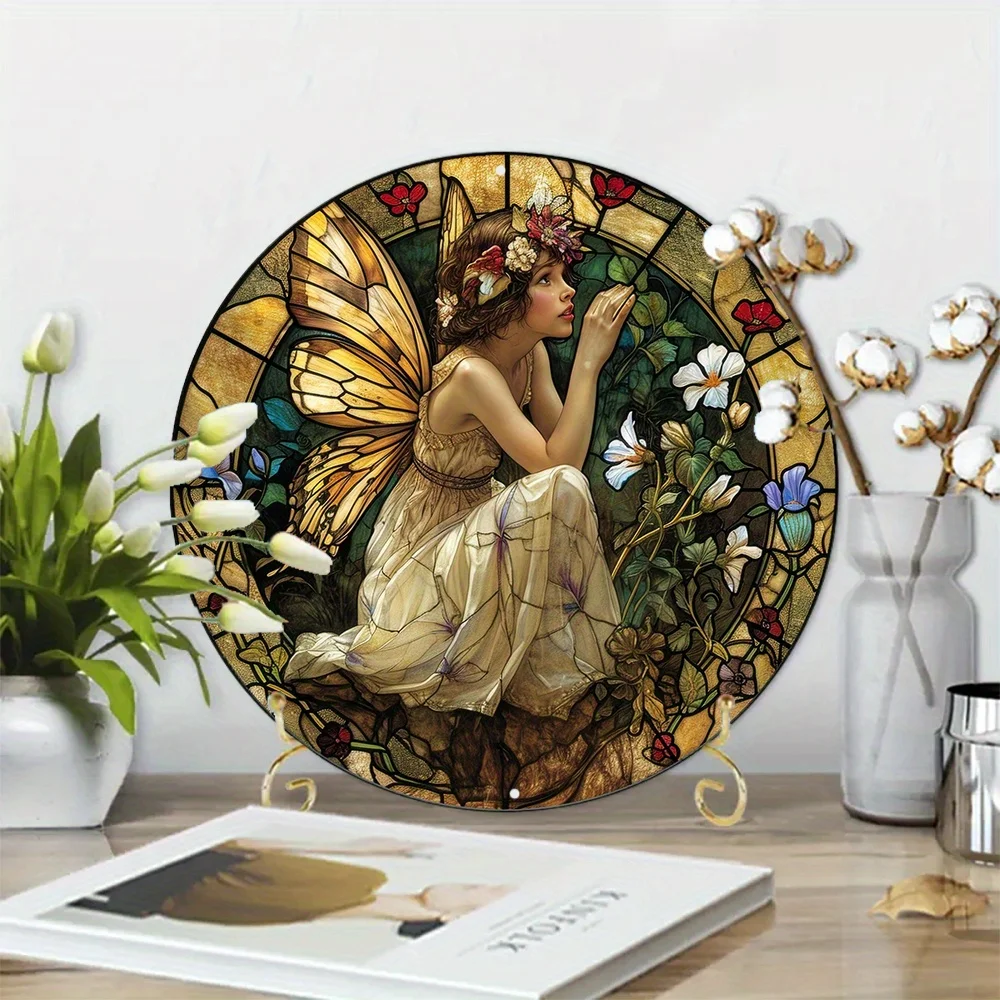 Aluminum Metal Sign Faux Stained Glass Circular Wreath Sign Apartment Decor Thanksgiving Day Gifts Spring Fairy Theme Decoration