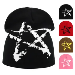 Retro Star Print Beanies Winter Autumn Outdoor Keep Warm Skiing Cold Hat Women Men Y2K Knitted Cap Hip Hop Ear Gorra Bonnet Lady