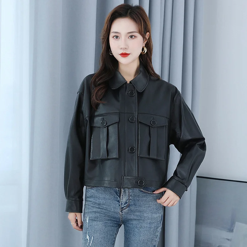 2023  Designer Women Short Genuine Leather Biker Jackets Office Lady Single Breasted Loose Outerwear Elegant Black Sheepskin Coa