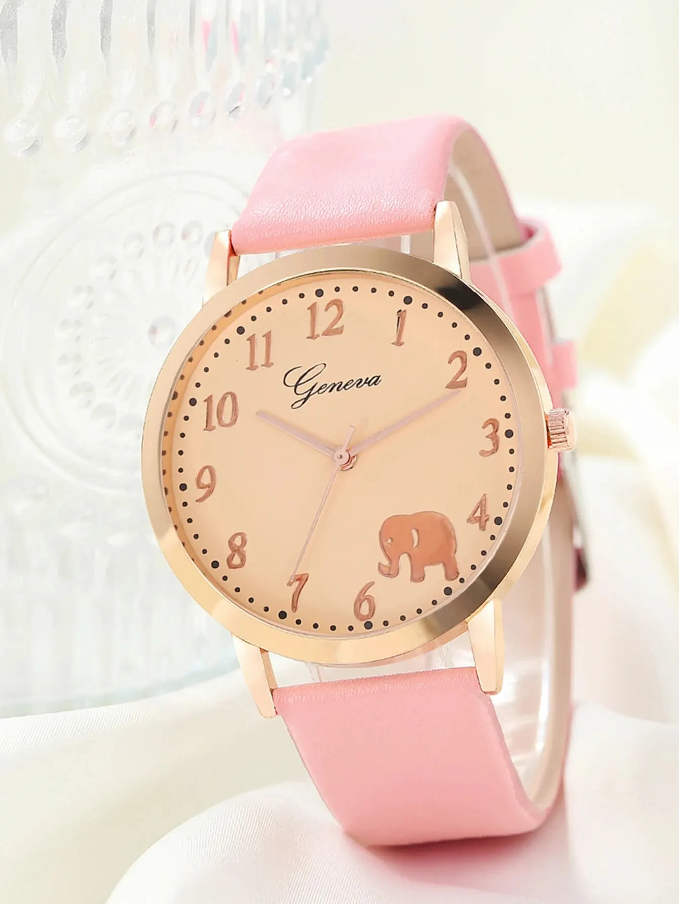 2PCS Ladies Fashion Simple Digital Elephant Leather Quartz Watch Ceramic Coffee Bracelet Love Pink Birthday Christmas Gift Set