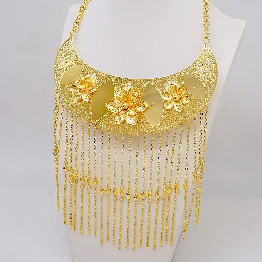 Luxury Dubai Big Flower Gold Color Plated Tassel Big Necklace Earrings Jewellery Sets Ethiopian Moroccan Jewelry Wedding Sets