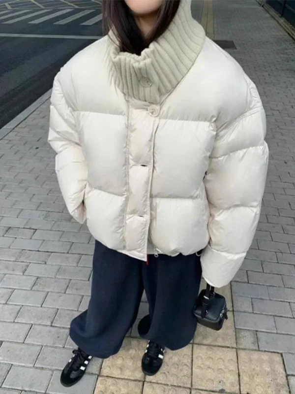 

Korean Style Knitted Patchwork Stand Collar Short Cotton Jacket Women's New Loose Thick Warm Cotton Coat Outerwear