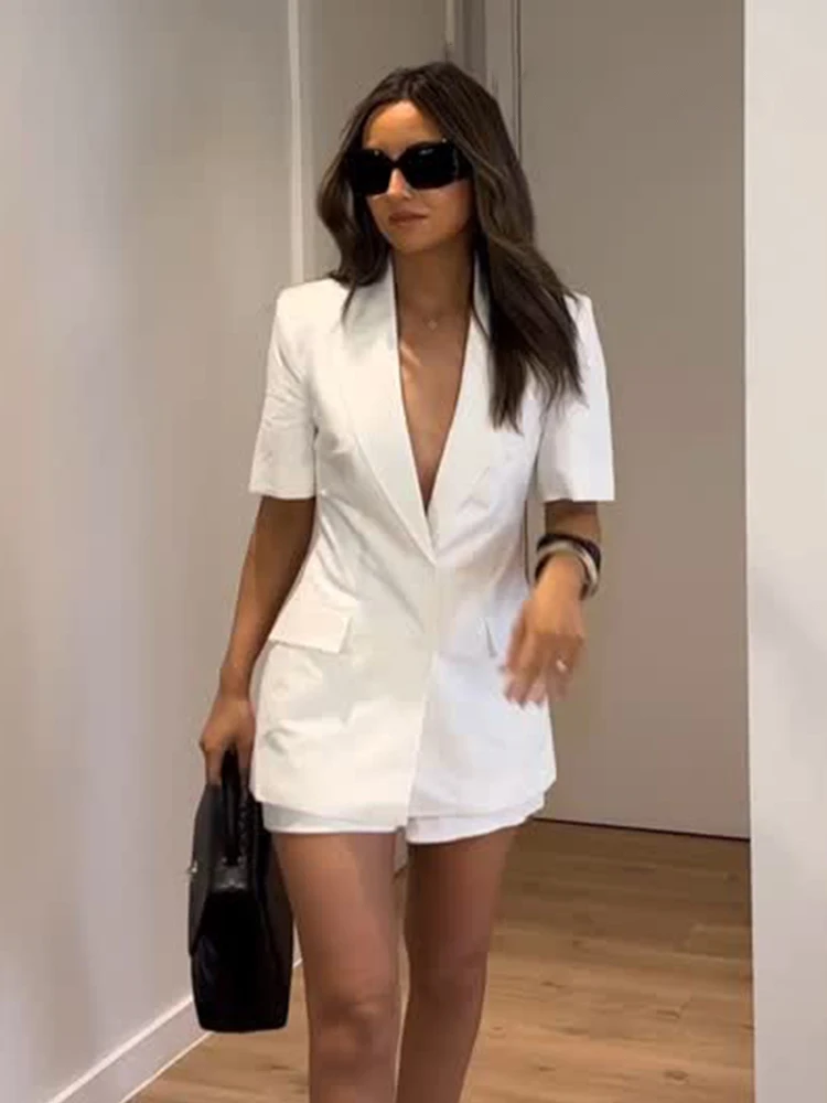 

HH женский летний комплект из 2 предметов, однобортный пиджак с короткими рукавами и лацканами + молния с высокой талией, простые однотонные шорты с карманами