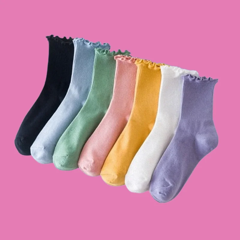 

3 Pairs Women's Ruffle Lace Cute Socks Top Quality Polyester Cotton Loose Knitting Solid Color Long Breathable Mid Tube Sock