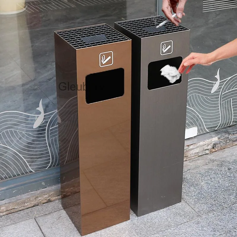 Stainless Steel Trash Can with Ashtray for Hotel Lobby Elevator Entrance, Vertical Cigarette Butt Extinguisher, Luxury Large