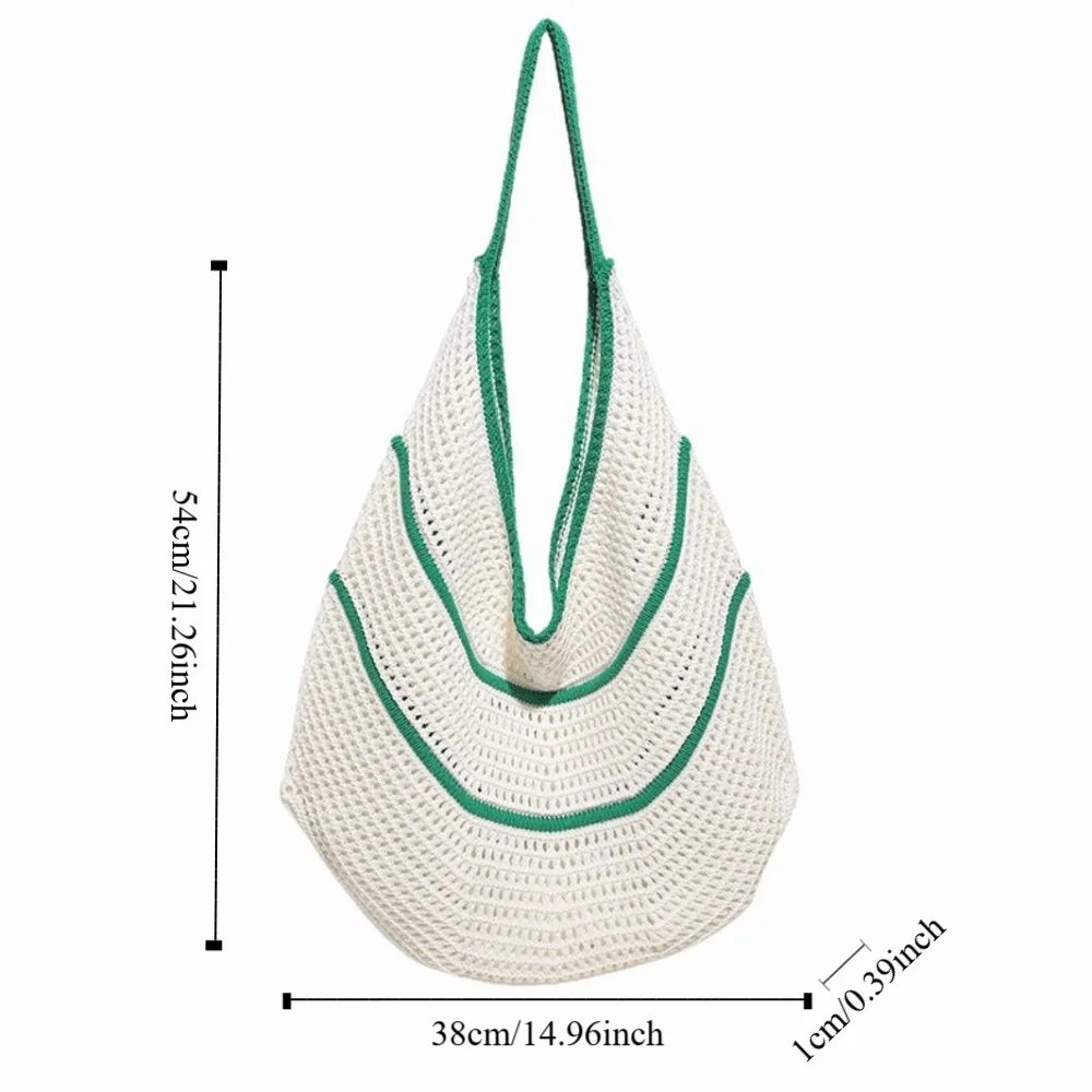 กระเป๋าถือถักไหมพรมสีพื้นสไตล์เกาหลี ความจุเยอะ กระเป๋าโท้ทโครเชต์สีตัดกัน กระเป๋าถือสานลำลองแบบโปร่ง