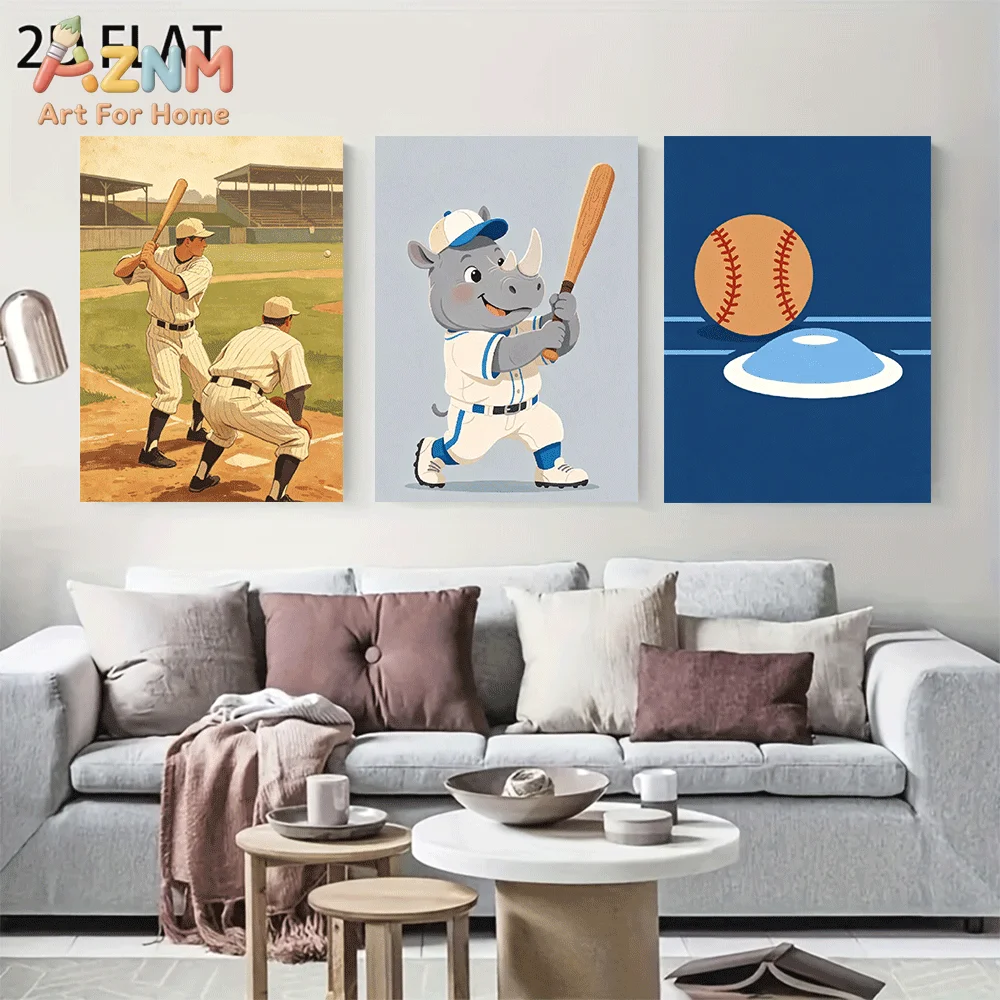 AZNM Frameless Canvas Wall Art, Cartoon Rhino Baseball Player Sport Print, Vintage Baseball Game Themed Wall Decor for Living Ro
