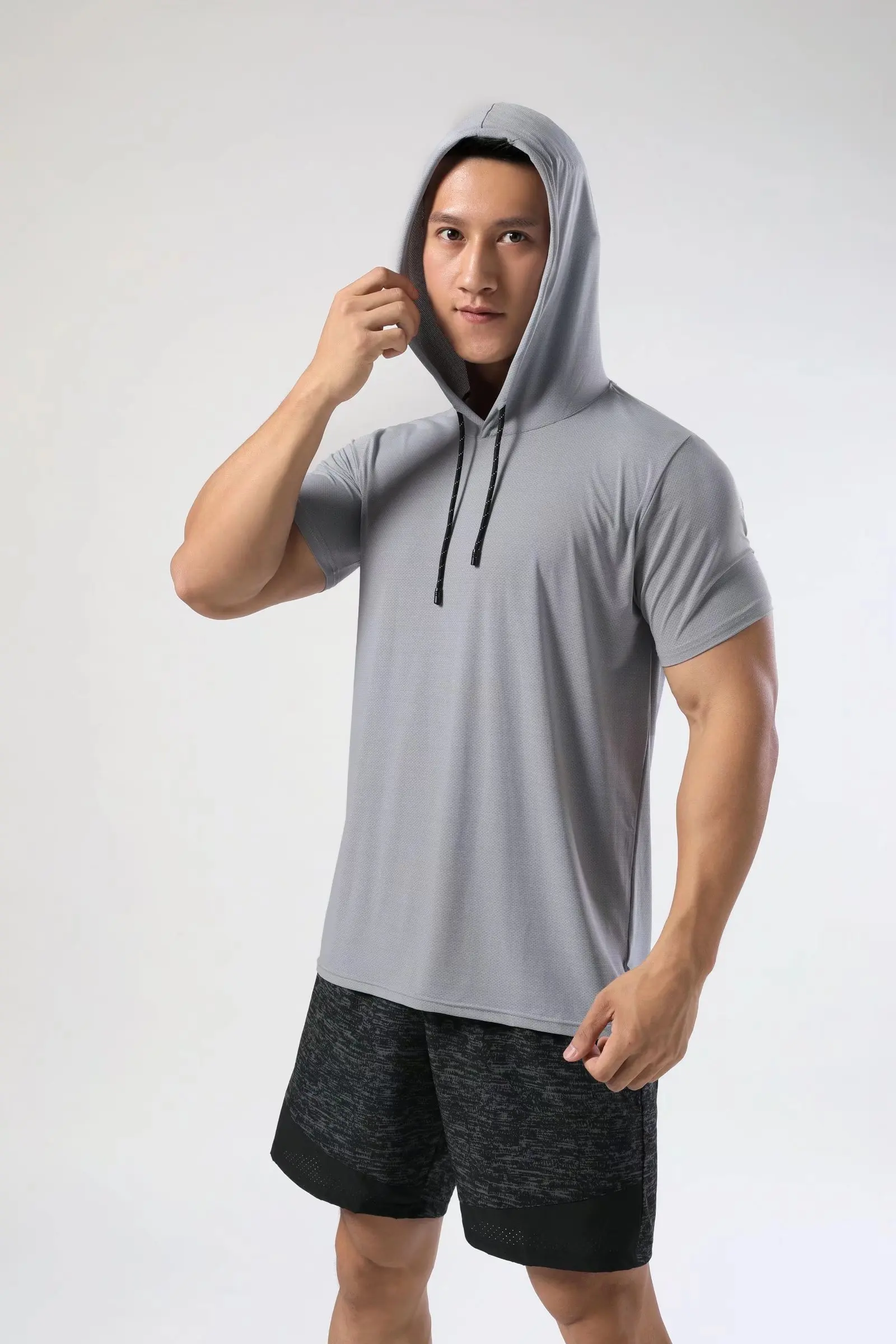 

2023 Summer Men's Hooded T-shirt Solid Color Hedging Slim Short Sleeve Large Size Fashion Casual Sweatshirt