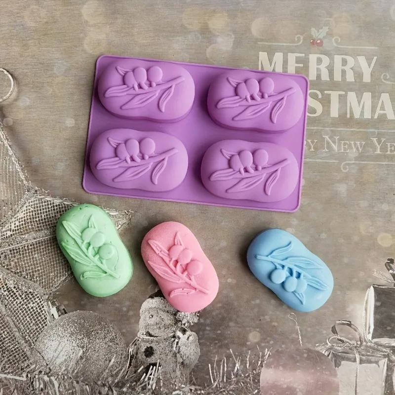 Olivenbaum-Silikonbackform, 4 Olivenbaum-Handseifenformen, Silikon-Ovale Olivenseifenform 3D Handgemachte DIY Seifen- und Kerzenform